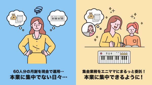 事務作業に追われるピアノ教室経営者→エニママにまるっとアウトソース。レッスンに集中できるように!
